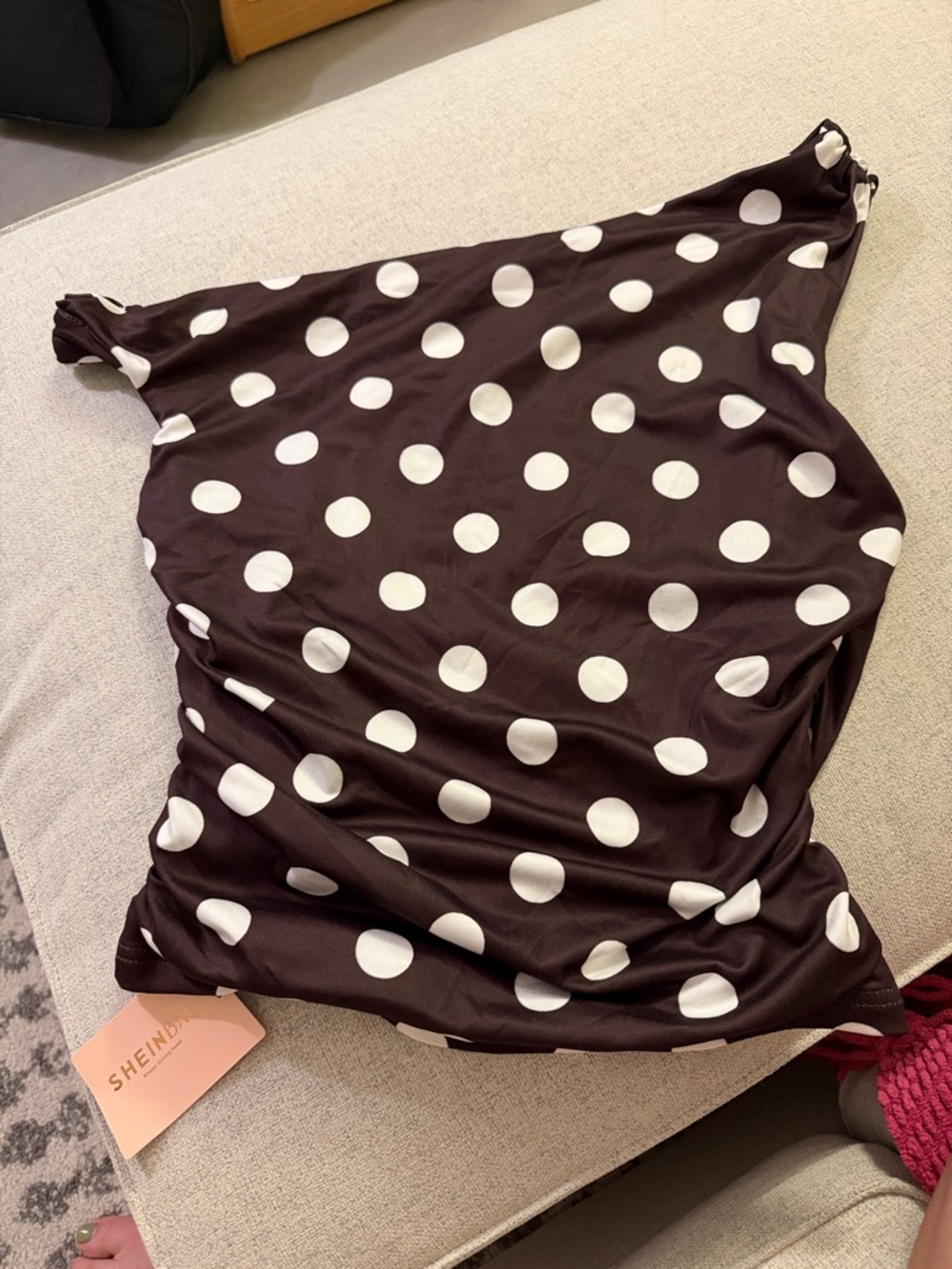 SHEIN Brown and White Polka Dot Off-Shoulder Top